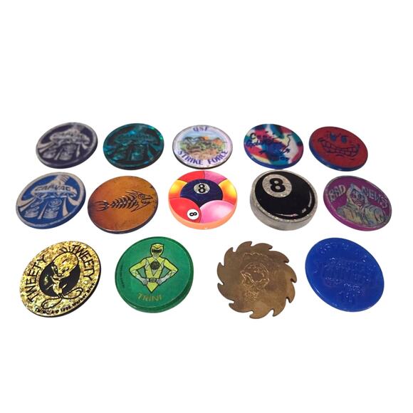 Lot 14 Vintage 90s Metal POG Slammers 8 Ball Power Ranger Tweety Reeper - Picture 1 of 11